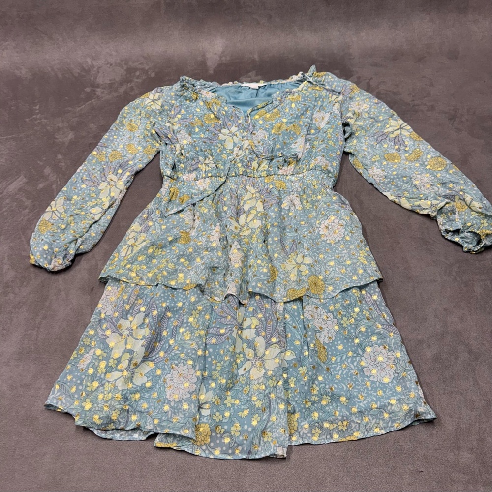 LC Lauren Conrad Floral Blue Yellow mini Dress women’s S bohemian tiered chiffon